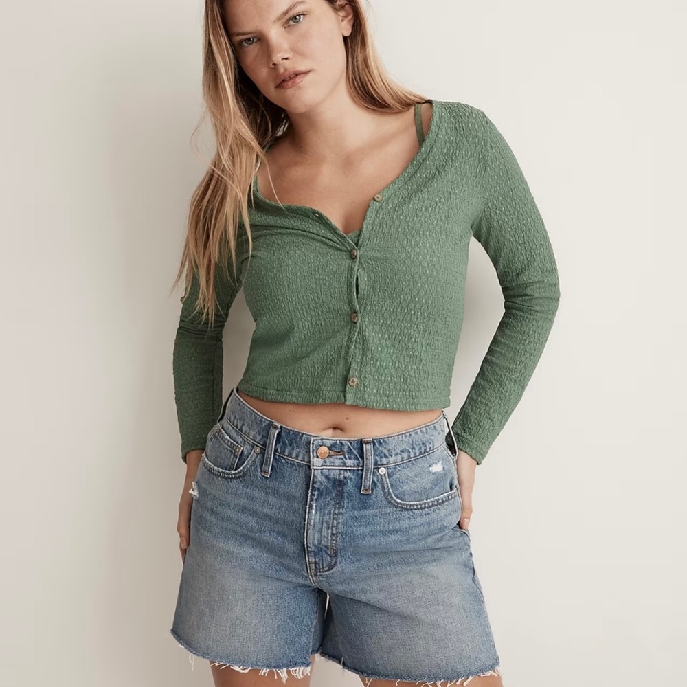 Madewell Green Textured Cropped Button Cardigan